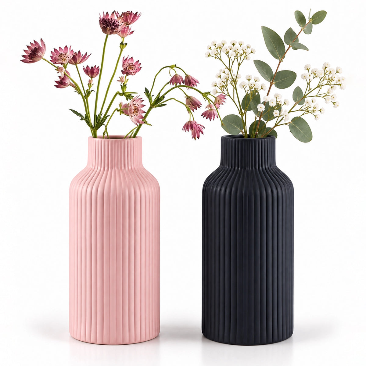 Hand-Carved Pink & Black Ceramic Vase Set Shelf & Console