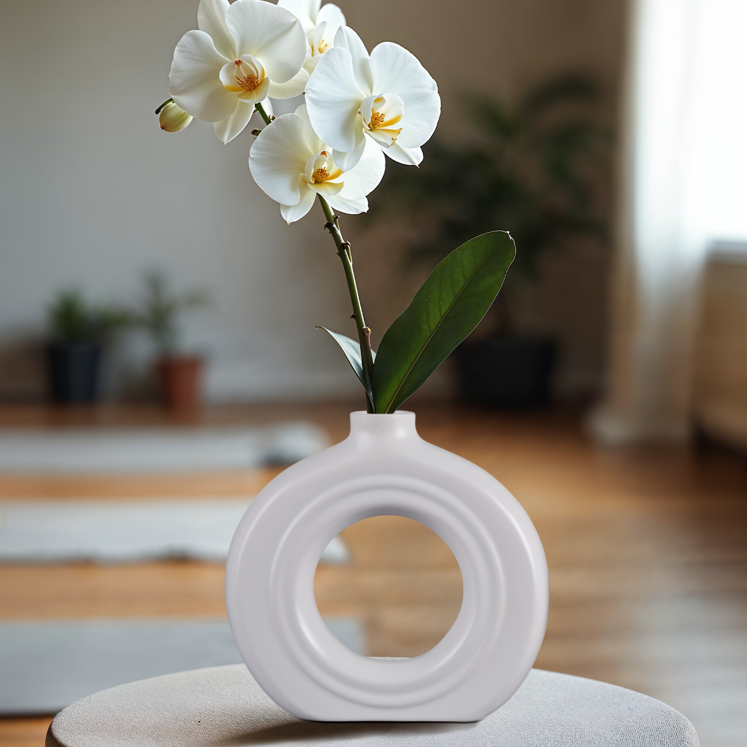White Ceramic Vase Set of 2, Sculptural Ring Vases Decor