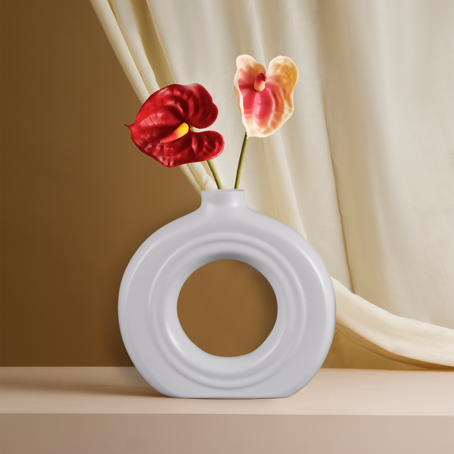 White Ceramic Vase Set of 2, Sculptural Ring Vases Decor