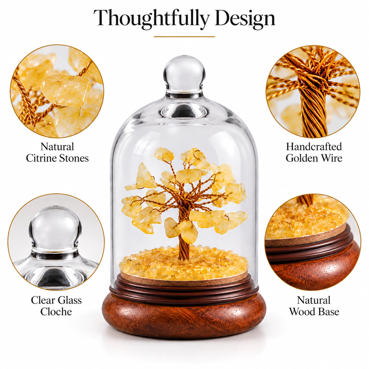 Citrine Stone Tree Decorative Cloche | Natural Stone & Wood