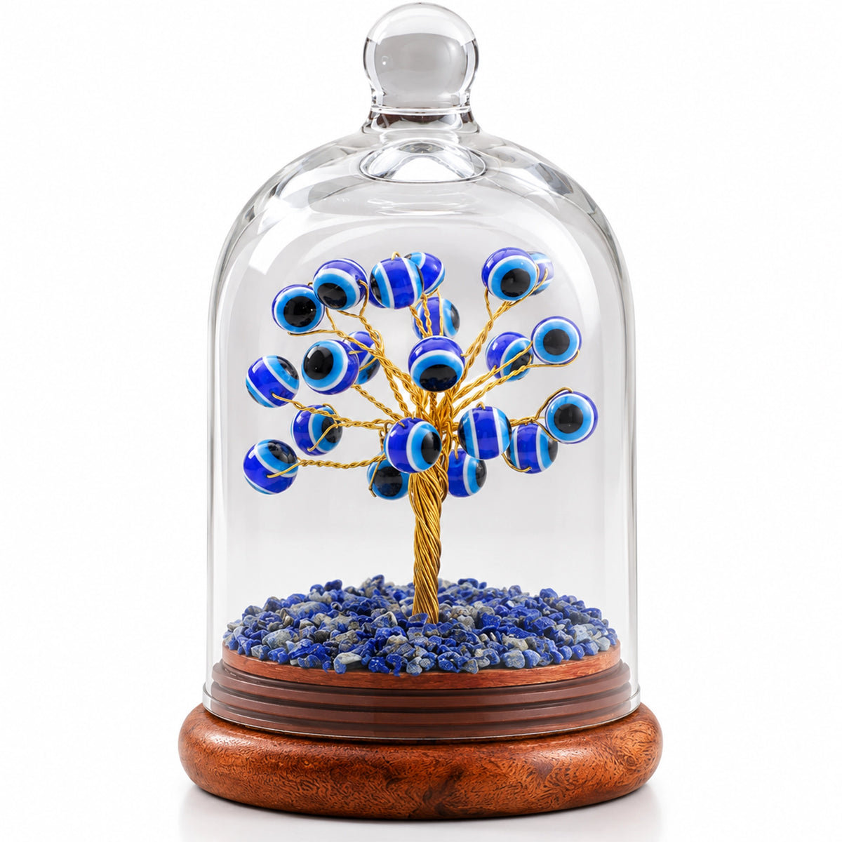 Lapis Lazuli Evil Eye Bead Tree with Glass Cloche | Handmade Art