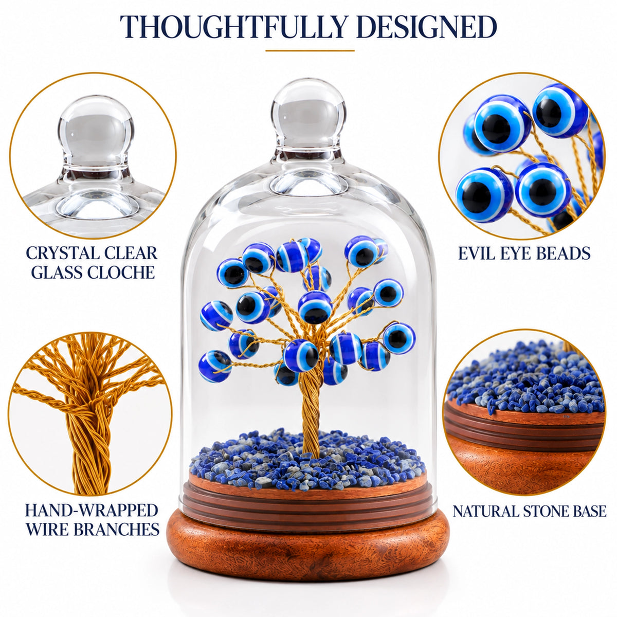 Lapis Lazuli Evil Eye Bead Tree with Glass Cloche | Handmade Art