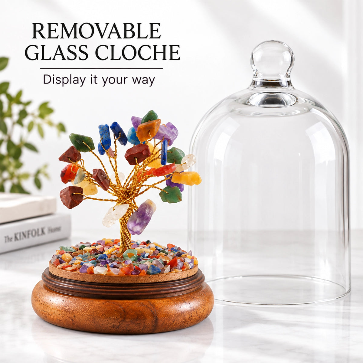 Rainbow Gemstone Tree with Glass Cloche | Handcrafted Decor