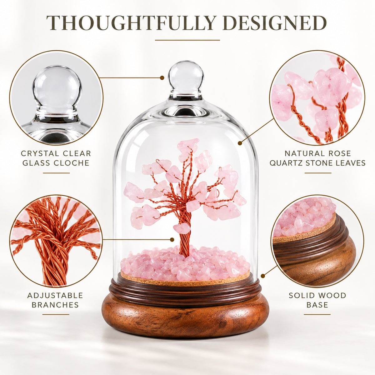 healing crystal tree rose quartz pink with dome