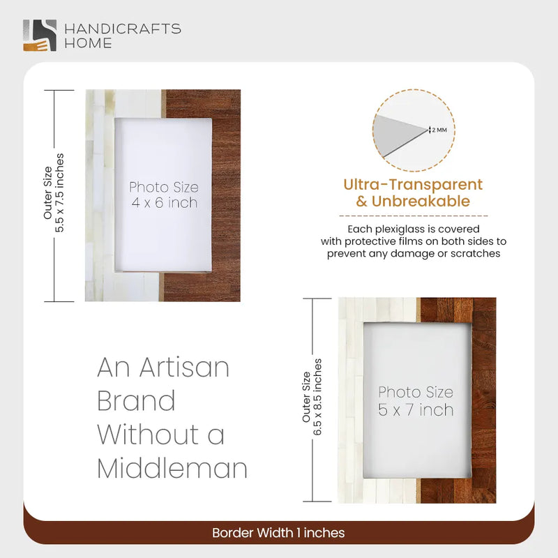 Size Chart for Picture Frames West Coast Sunset Collection Bone Inlay Brass Wood Brown White 4x6 5x7