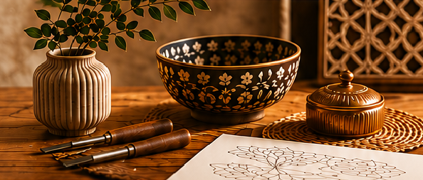 Handcrafted objects arranged in a refined studio setting